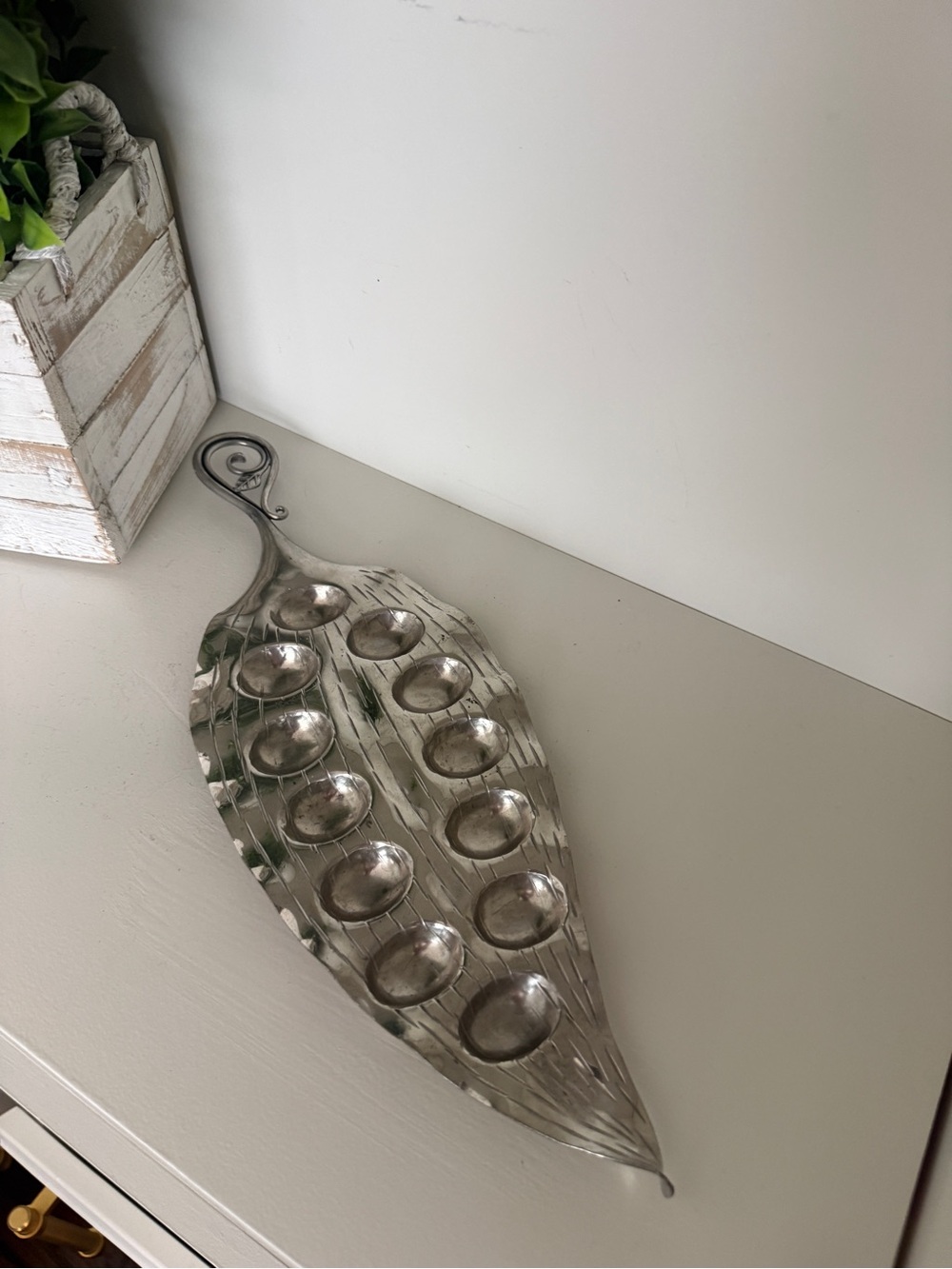 Vintage Signed Leaf Shaped Metal Condiment Relish Tray 12 Wells